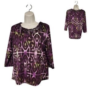 Multiple 3/4 Sleeve Round Neck Multicolor Purple Blouse Size PM
